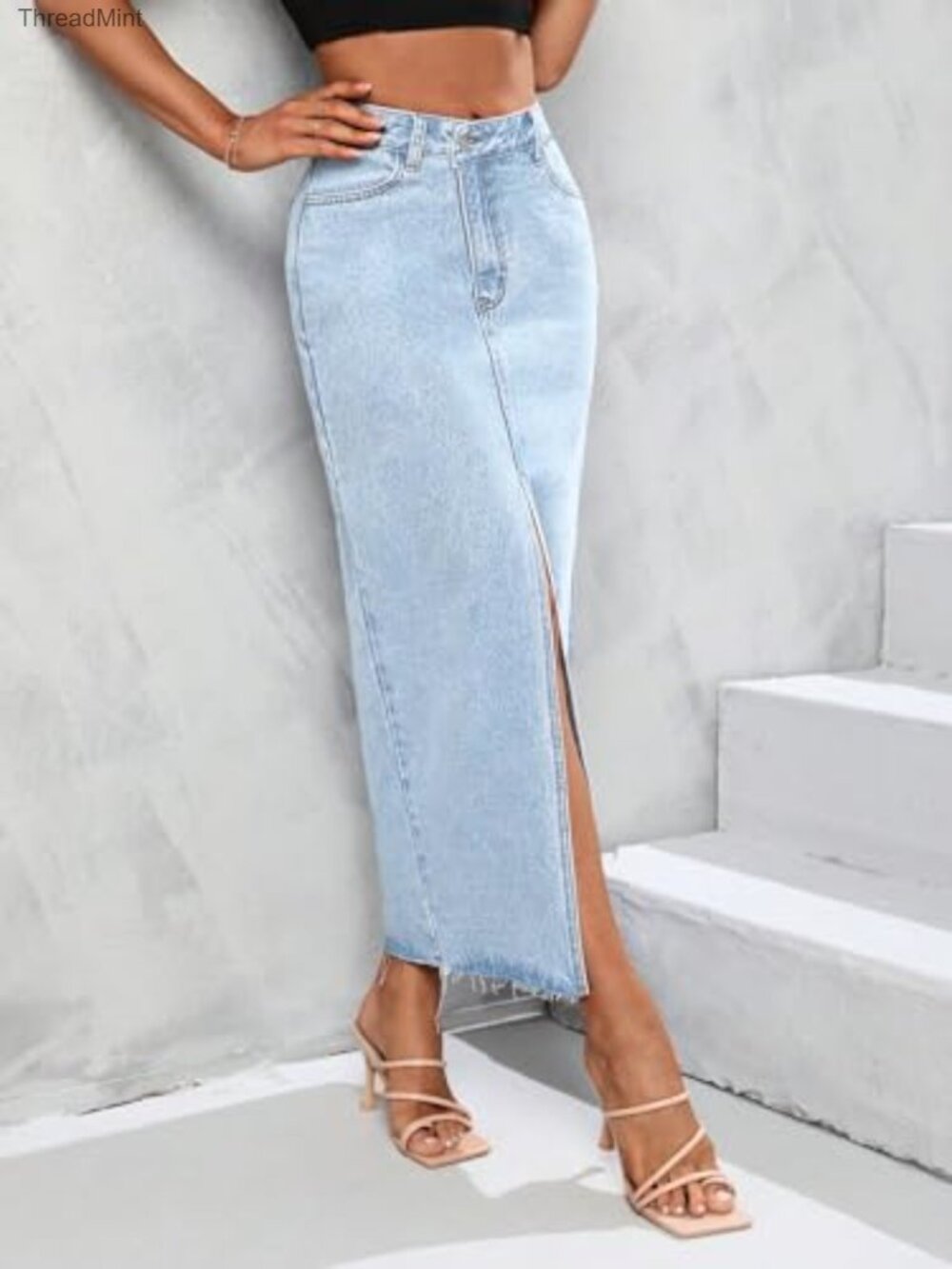 High Waist A-Line Maxi Denim Skirt with Front Split & Raw Hem - Picture 4 of 6